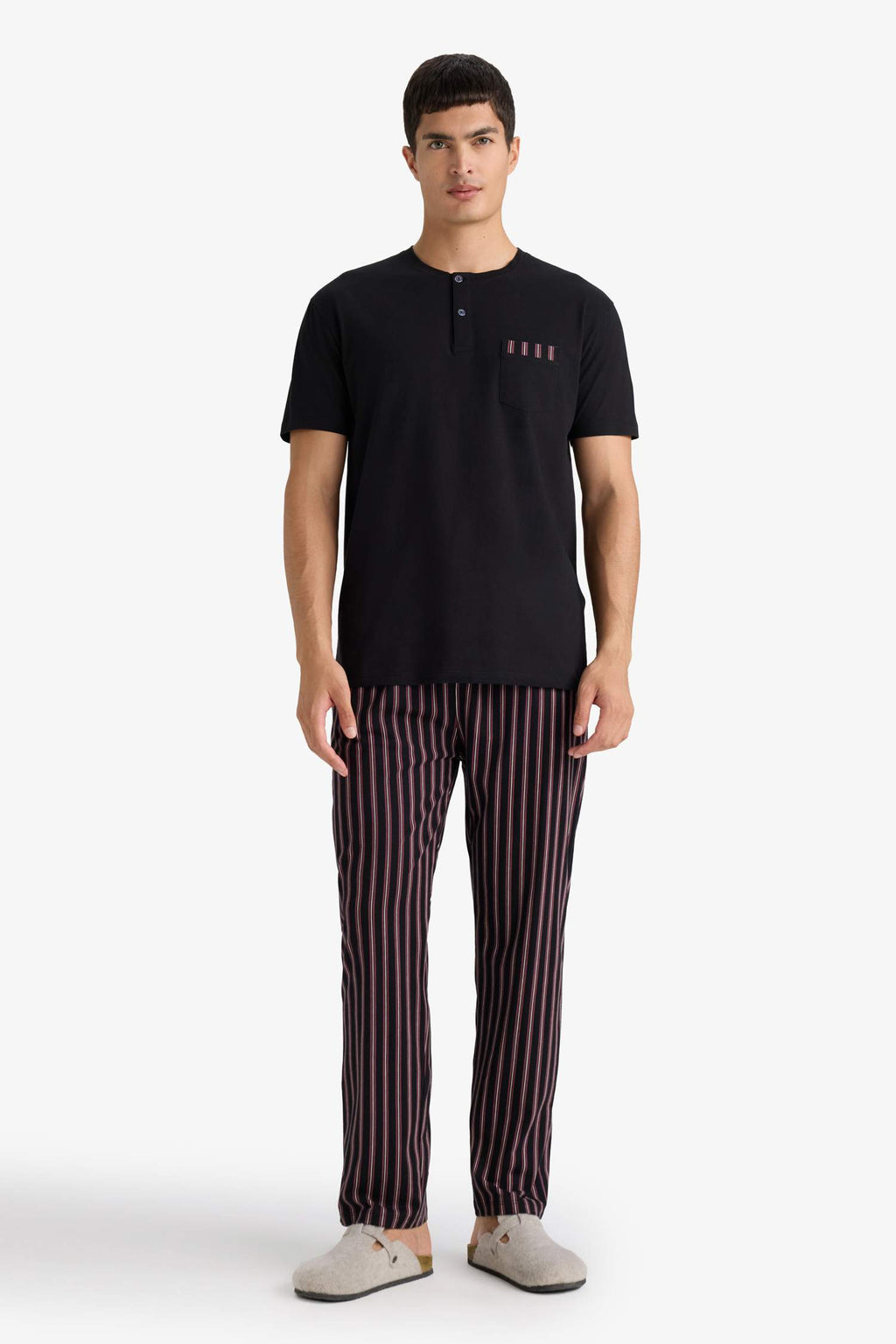 Pajama Set Regular Fit Short Sleeve Top Striped Long Bottom