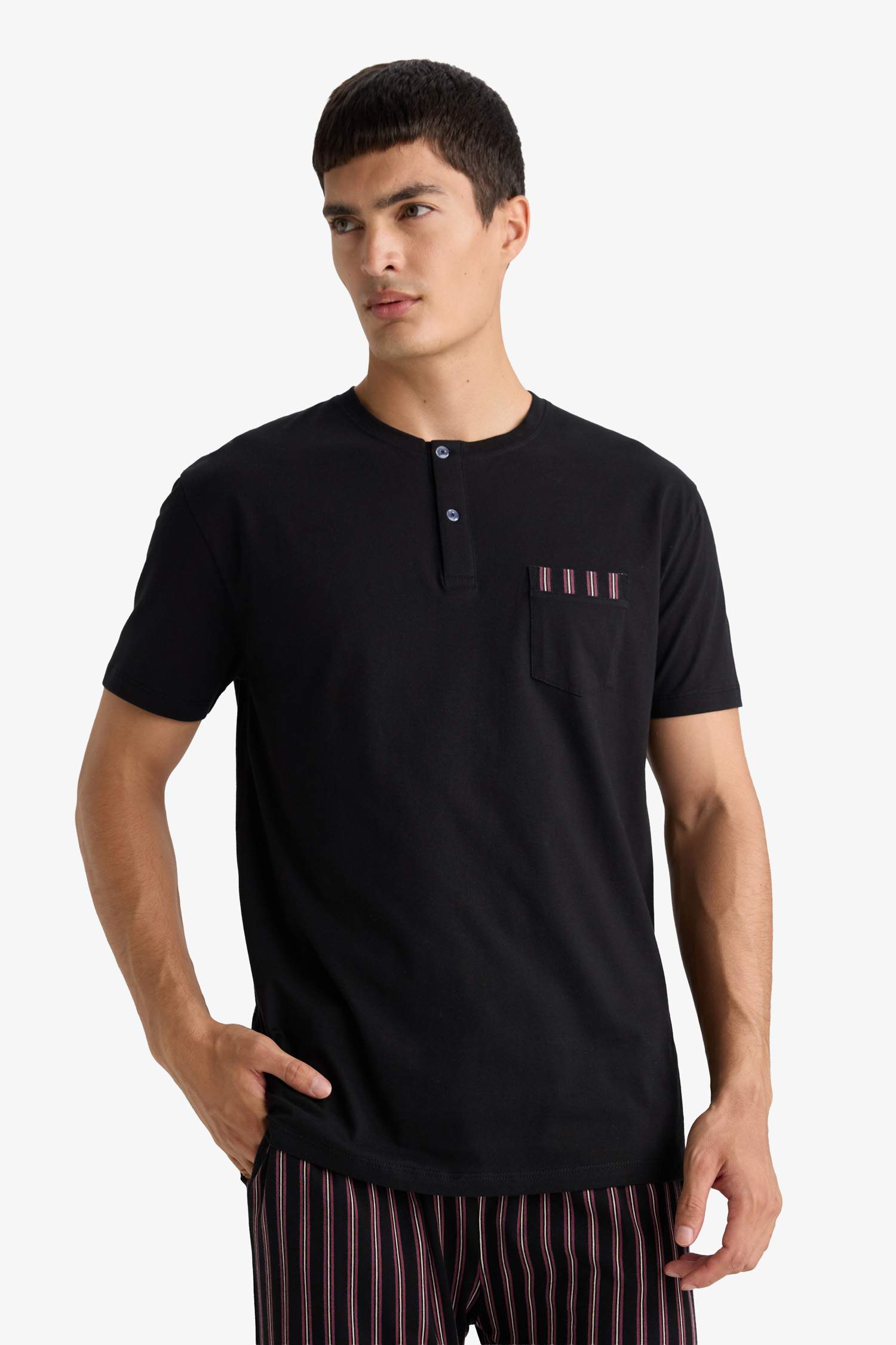 Pajama Set Regular Fit Short Sleeve Top Striped Long Bottom