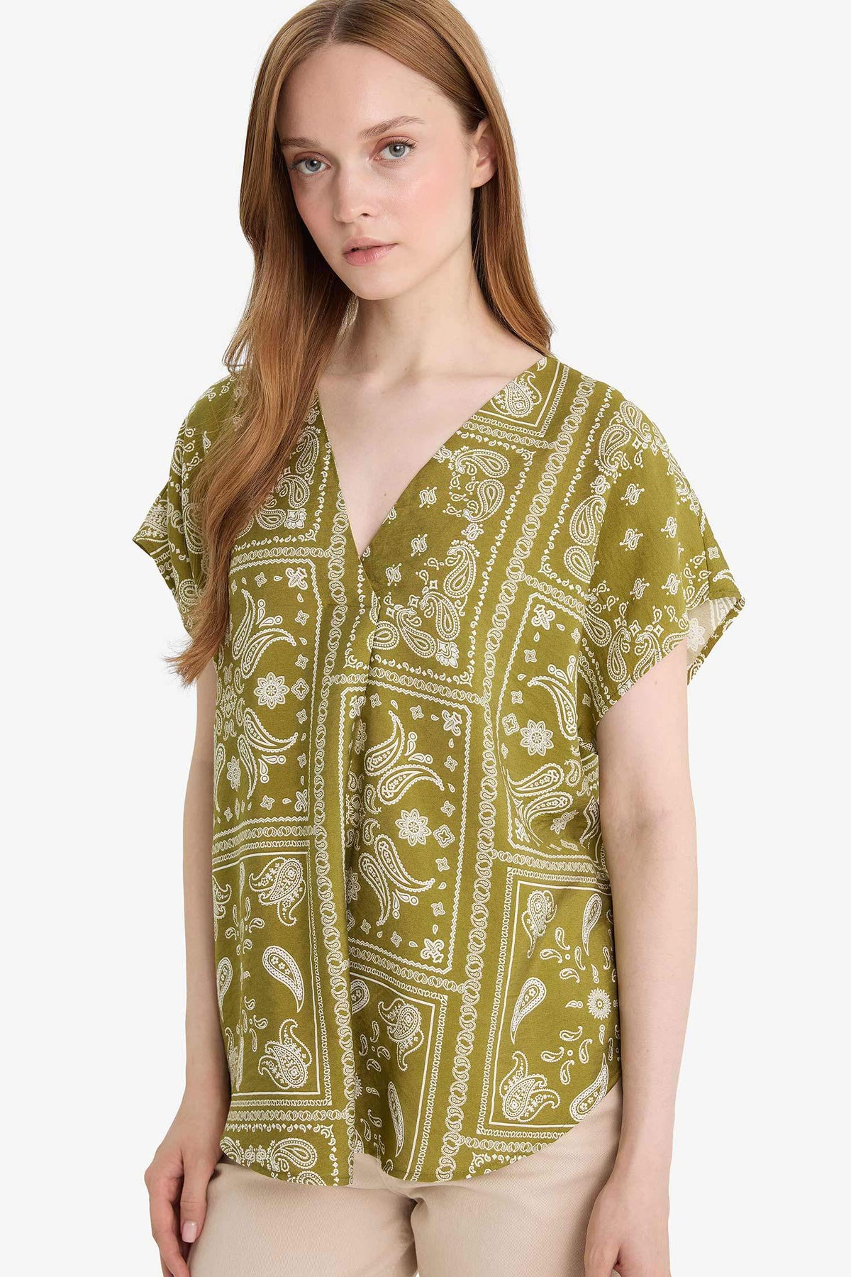 V-Neck Patterned Short Sleeve Blouse