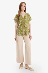 V-Neck Patterned Short Sleeve Blouse