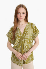 V-Neck Patterned Short Sleeve Blouse