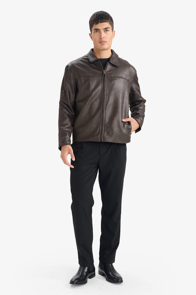 Regular Fit Polo Collar Faux Leather Jacket with Inner Pockets Main Image