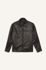 Regular Fit Polo Collar Faux Leather Jacket with Inner Pockets