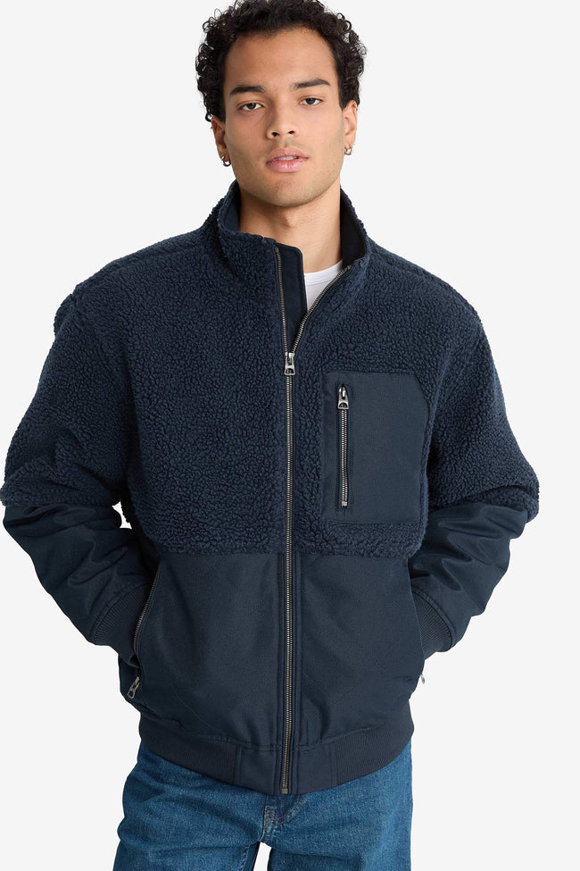Regular Fit Plush Jacket with Knit Detail and Inner Pockets Hover Image