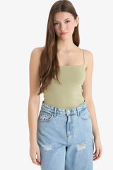 Fitted Square Neck Basic Plain Strappy Tank Top