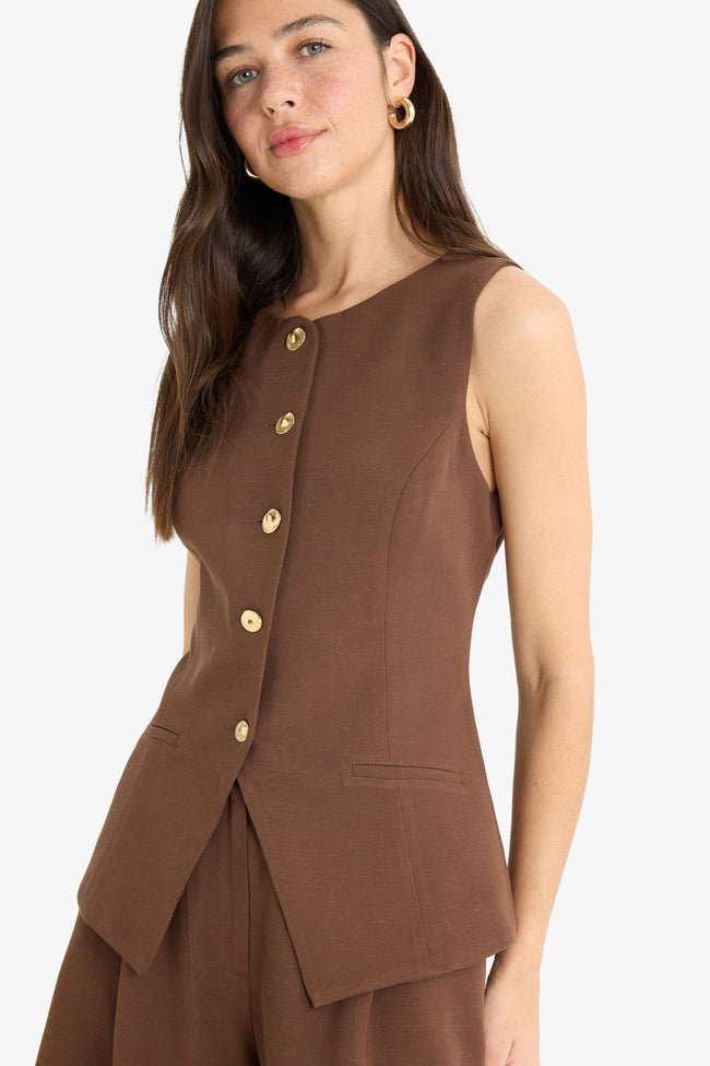 Fitted linen blend crew neck vest jacket Hover Image