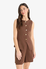 Fitted linen blend crew neck vest jacket