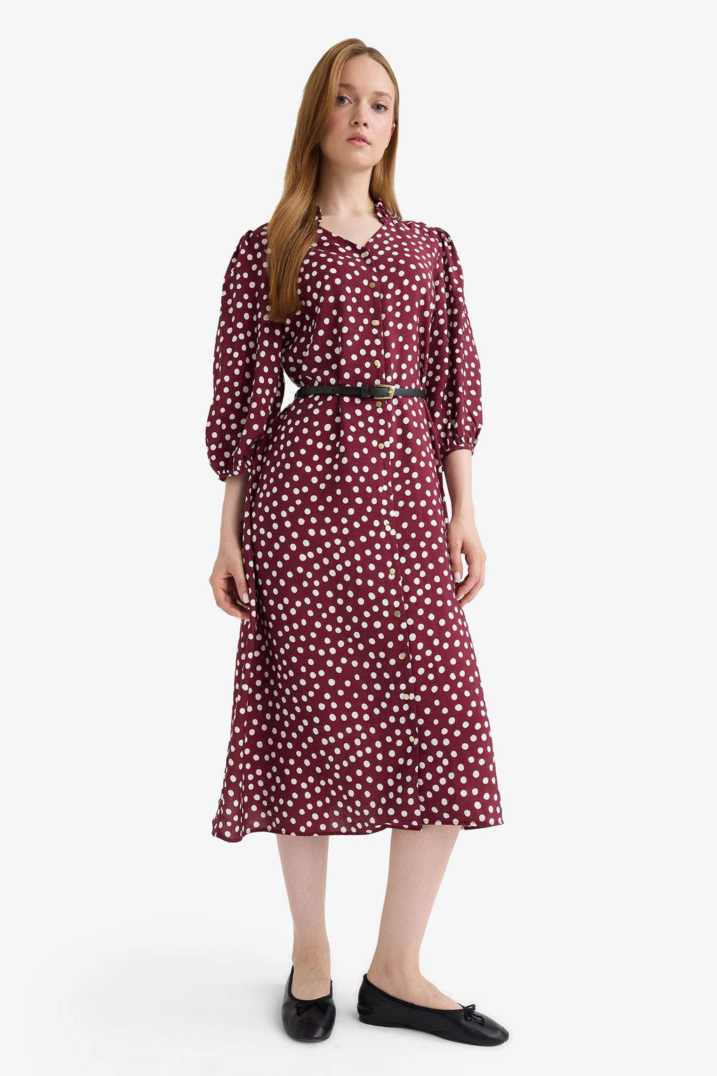 Relax Fit V-Neck Polka Dot Short-Sleeve Dress