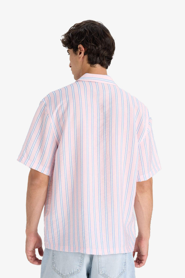 Relax Fit Open Collar Printed Woven Striped Short Sleeve Shirt Main Image