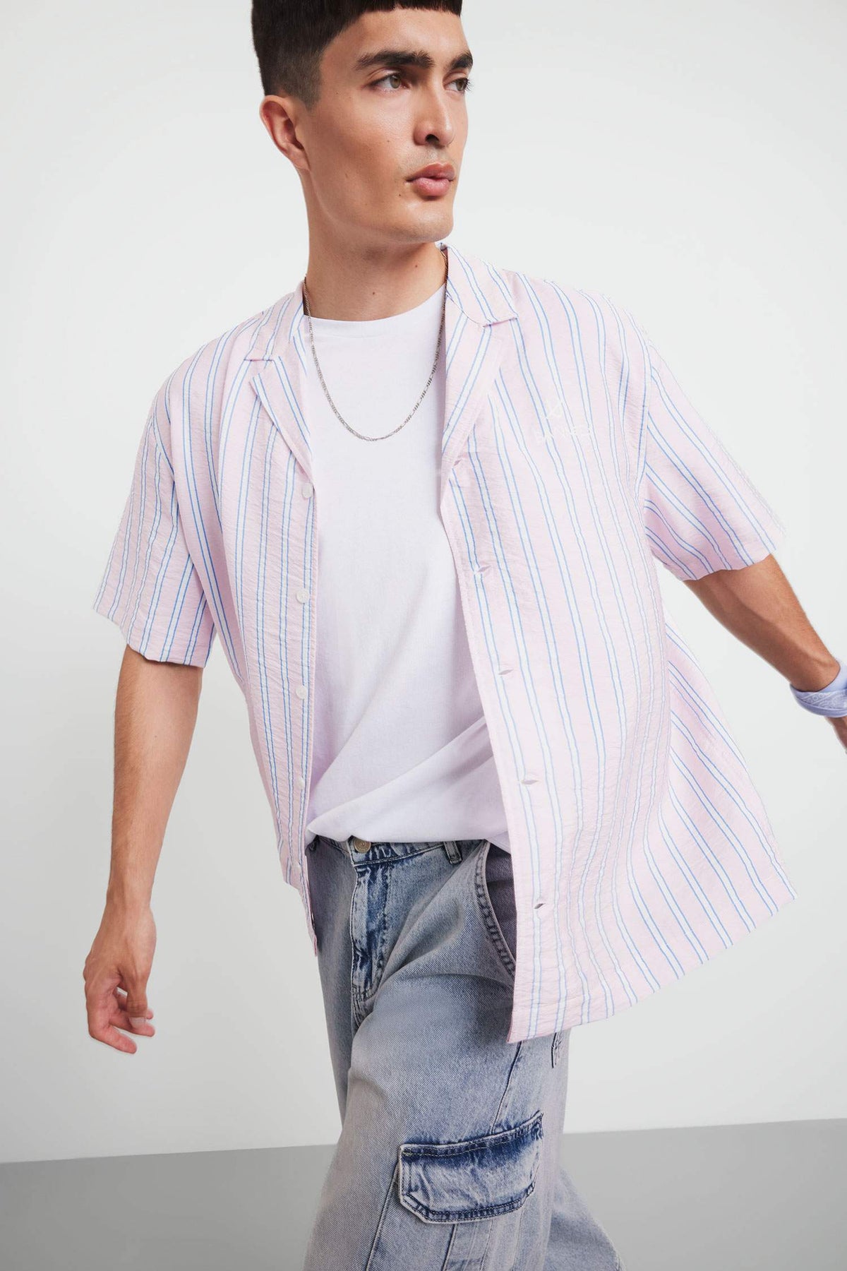Relax Fit Open Collar Printed Woven Striped Short Sleeve Shirt