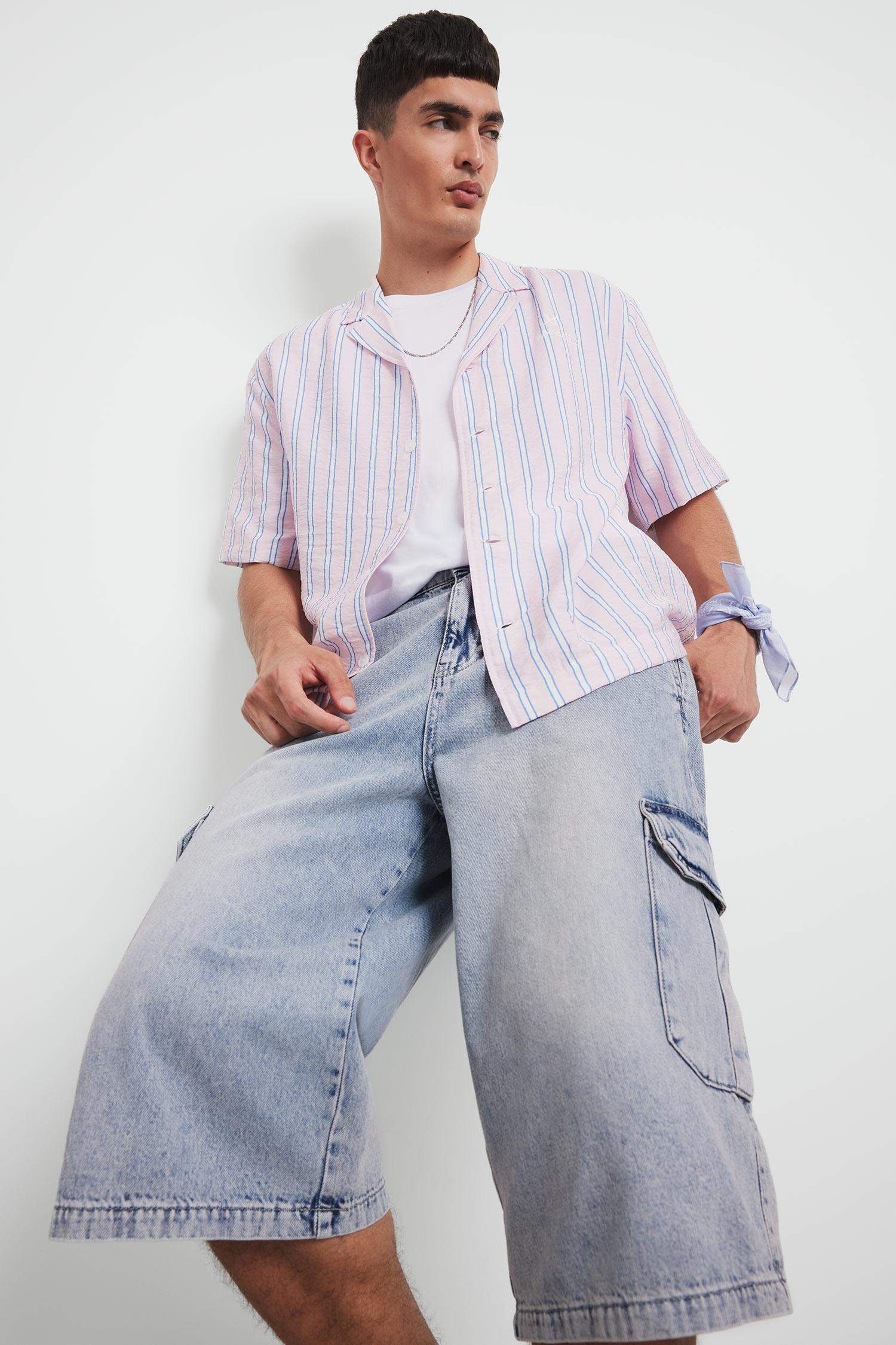 Relax Fit Open Collar Printed Woven Striped Short Sleeve Shirt