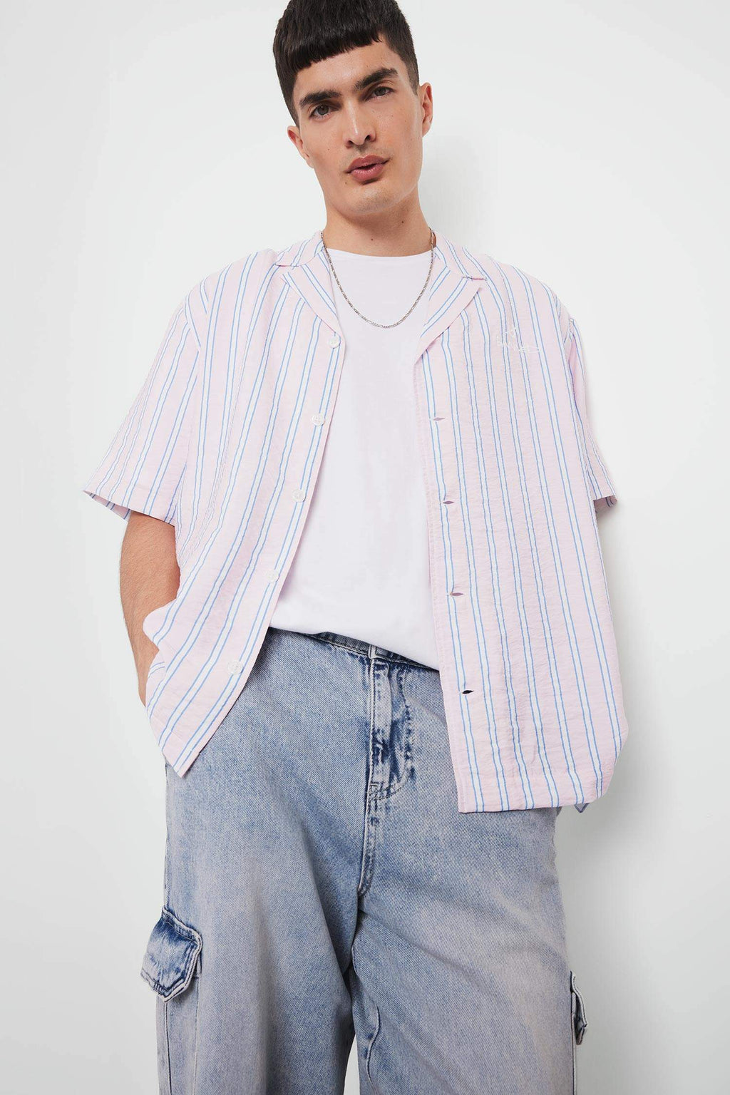 Relax Fit Open Collar Printed Woven Striped Short Sleeve Shirt