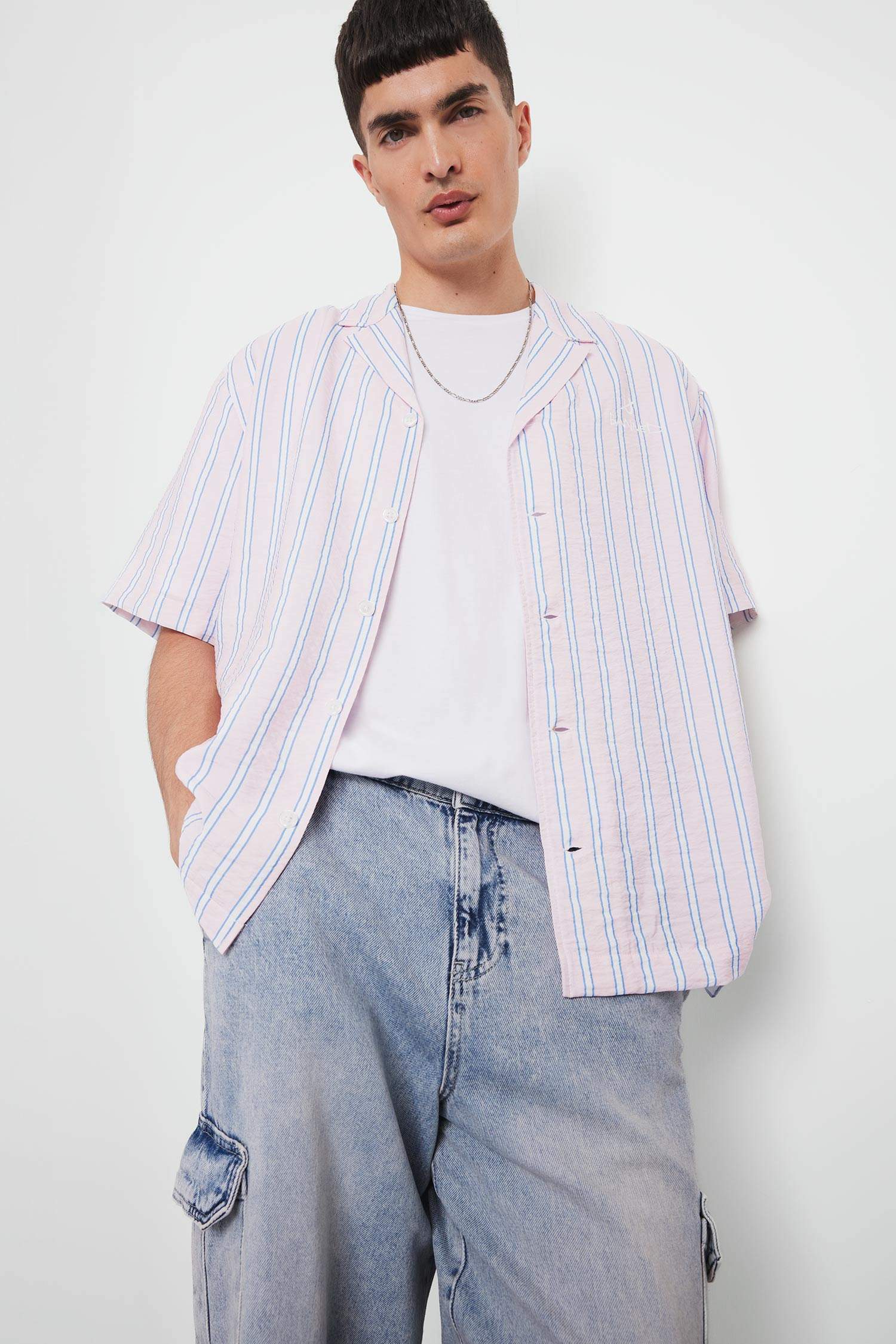 Relax Fit Open Collar Printed Woven Striped Short Sleeve Shirt