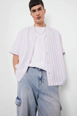 Relax Fit Open Collar Printed Woven Striped Short Sleeve Shirt