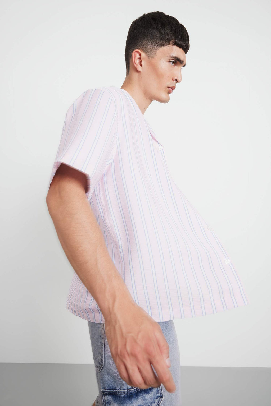 Relax Fit Open Collar Printed Woven Striped Short Sleeve Shirt