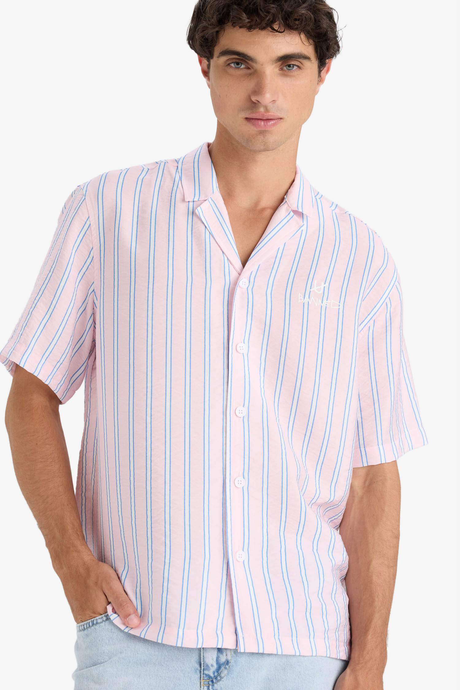 Relax Fit Open Collar Printed Woven Striped Short Sleeve Shirt