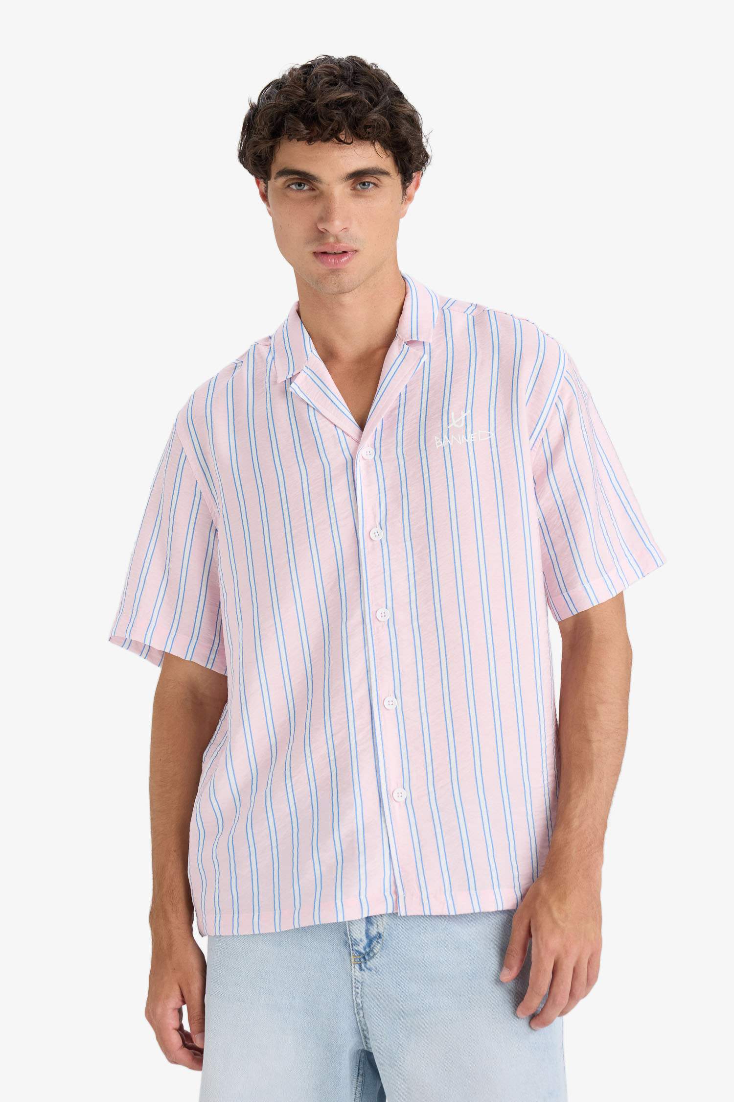 Relax Fit Open Collar Printed Woven Striped Short Sleeve Shirt