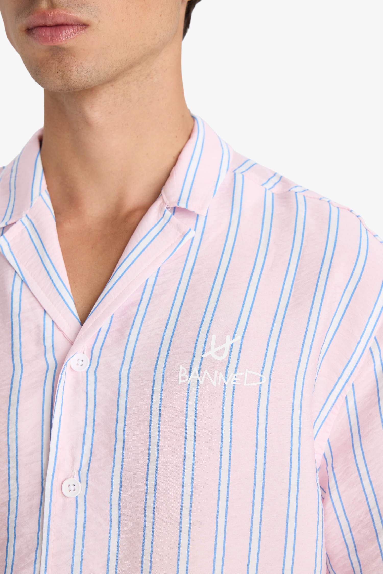 Relax Fit Open Collar Printed Woven Striped Short Sleeve Shirt