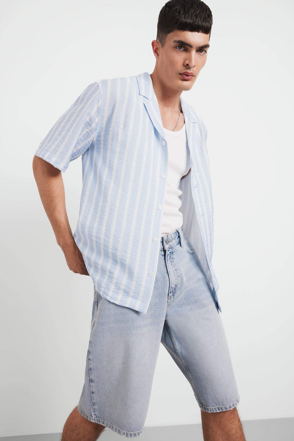 Relax Fit Open Collar Printed Woven Striped Short Sleeve Shirt