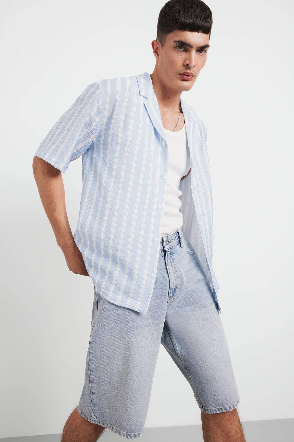 Relax Fit Open Collar Printed Woven Striped Short Sleeve Shirt