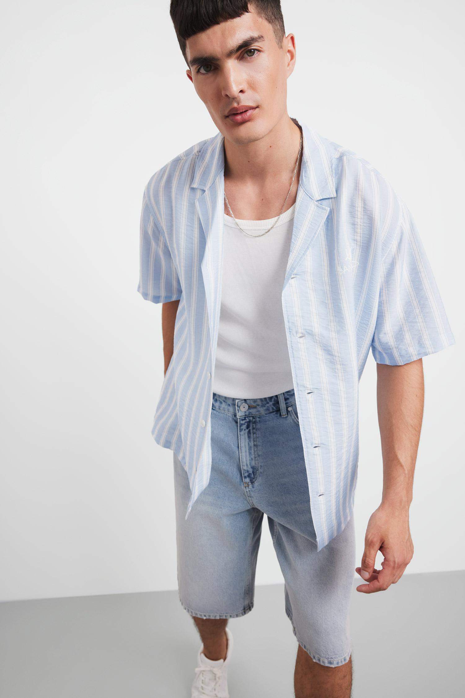 Relax Fit Open Collar Printed Woven Striped Short Sleeve Shirt