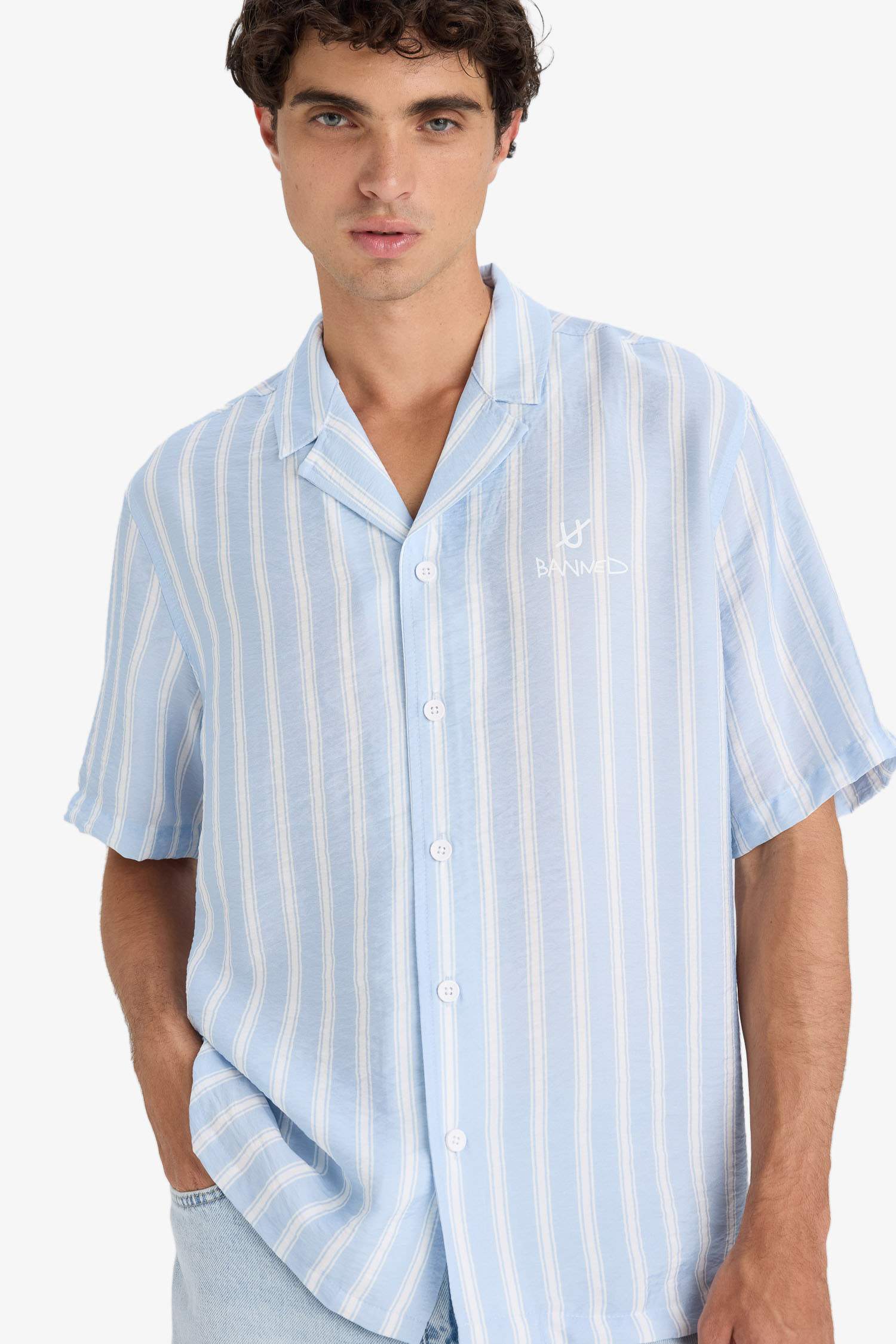 Relax Fit Open Collar Printed Woven Striped Short Sleeve Shirt