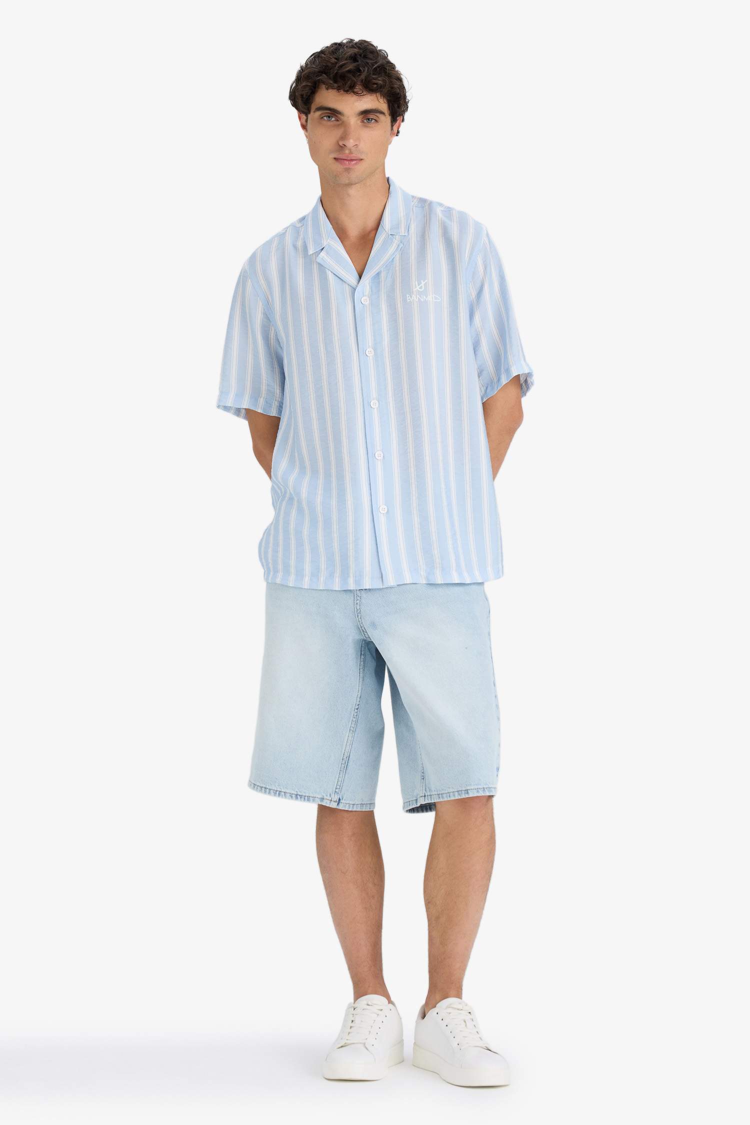 Relax Fit Open Collar Printed Woven Striped Short Sleeve Shirt