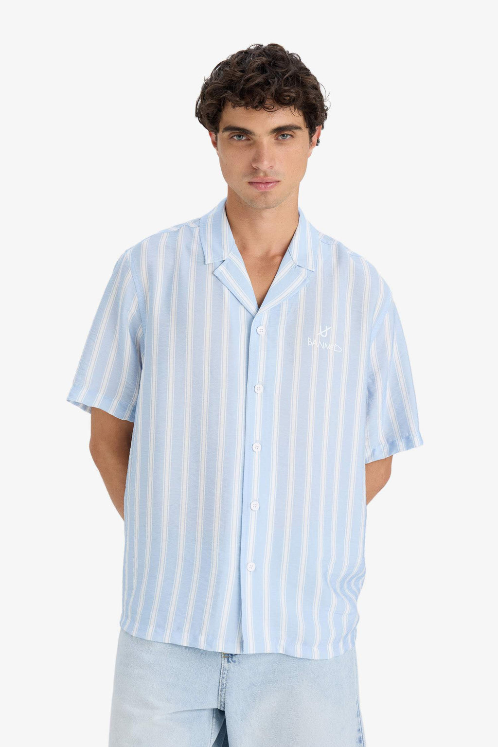 Relax Fit Open Collar Printed Woven Striped Short Sleeve Shirt