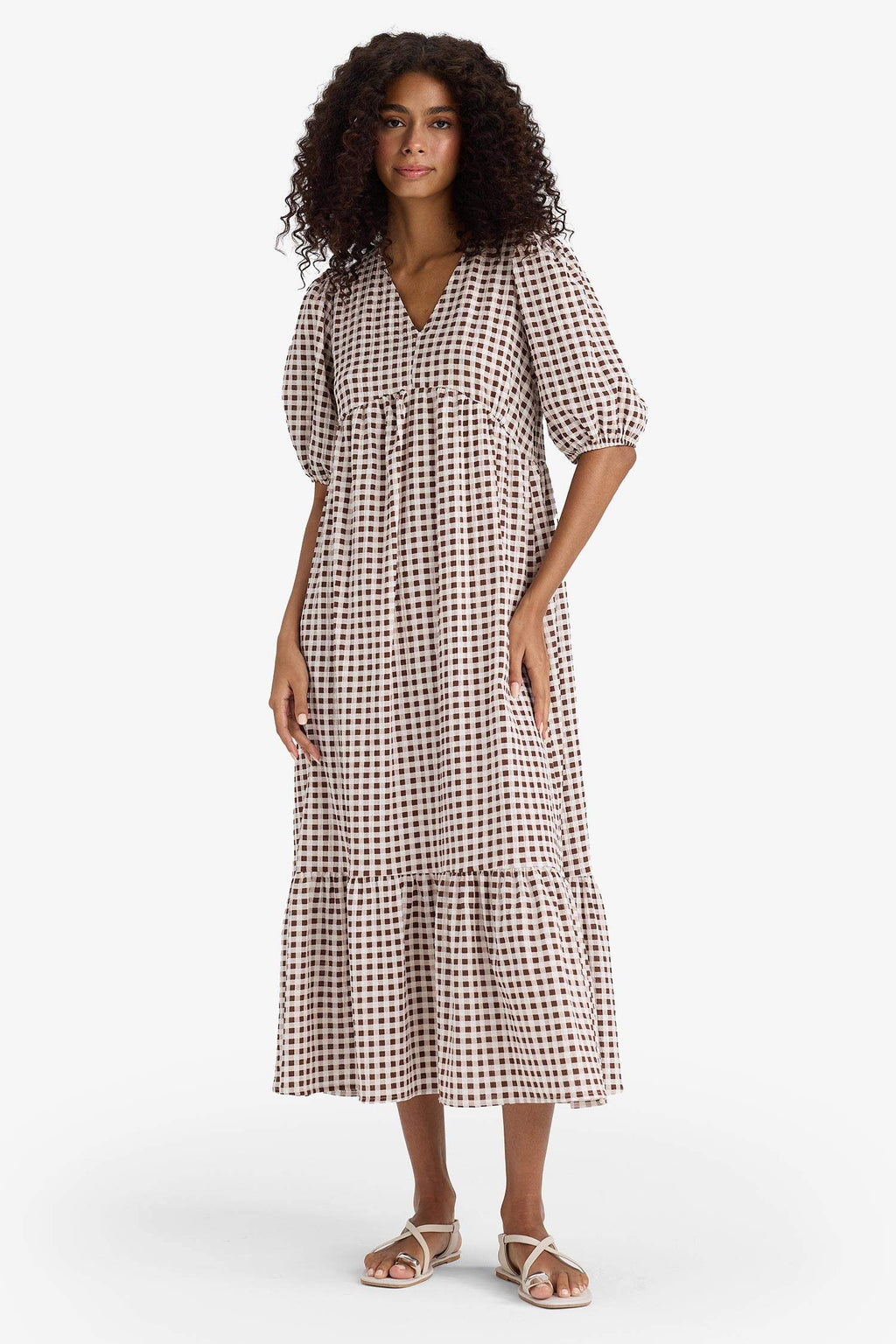 V-Neck Printed Wowen Fabrics Midi Dress
