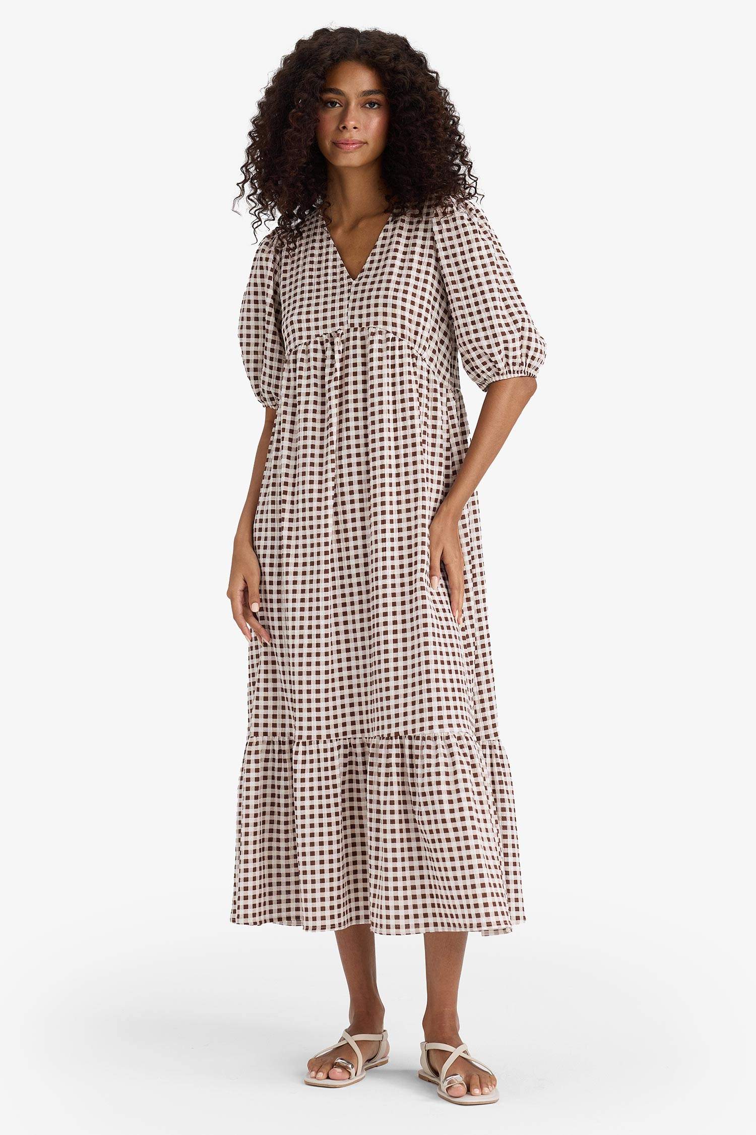 V-Neck Printed Wowen Fabrics Midi Dress