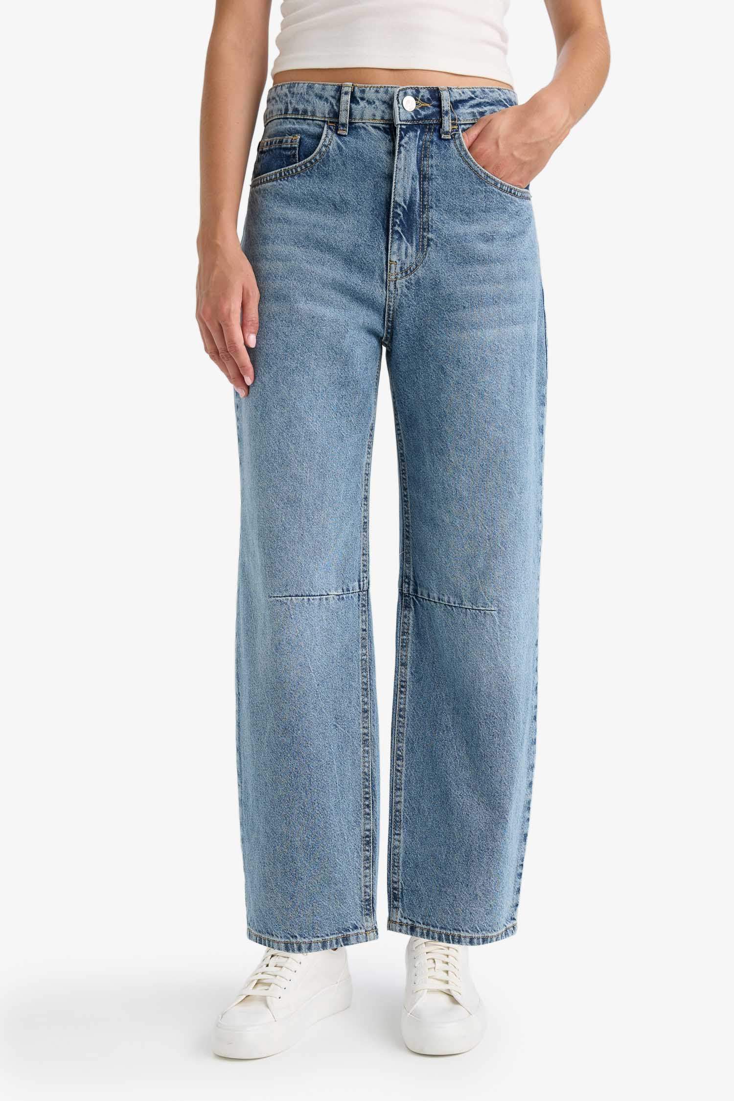 Barrel Fit Normal Waist Ankle Length Jean Washed Trousers