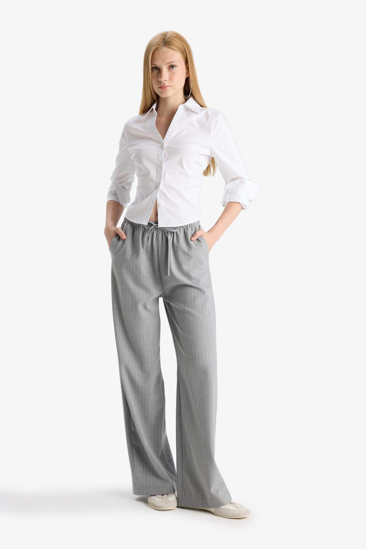 Cool Wide Leg Regular Waist Trousers with Tie Waist