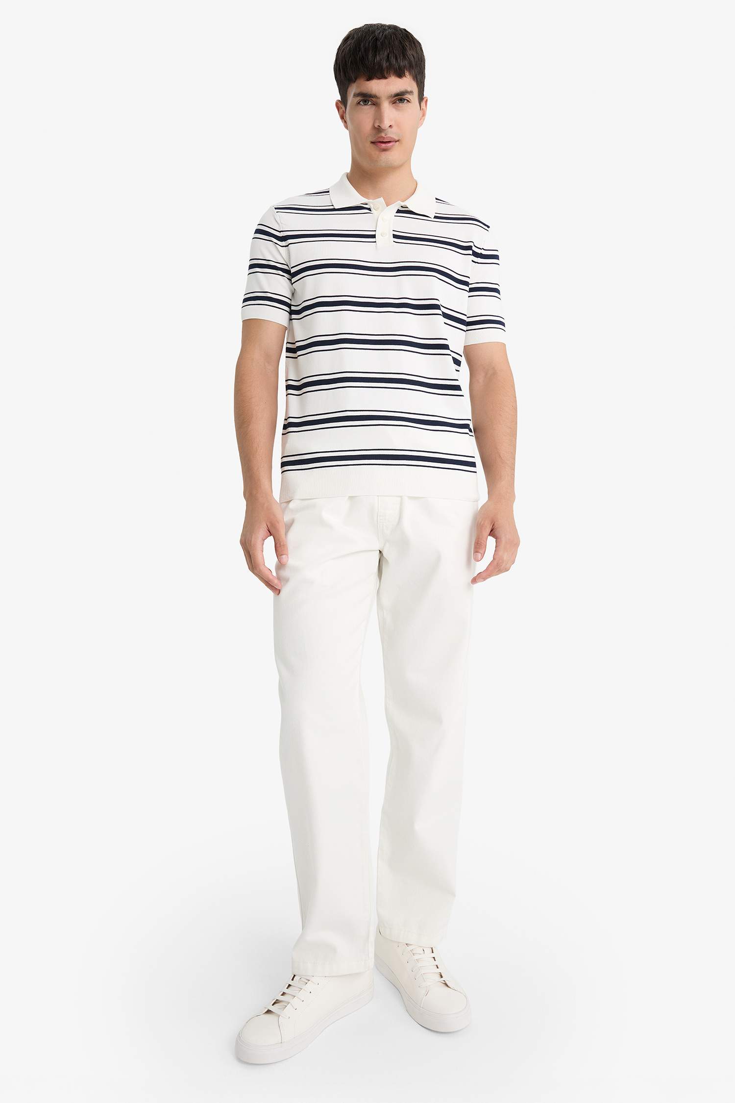 Striped Knit Short Sleeve Polo Shirt