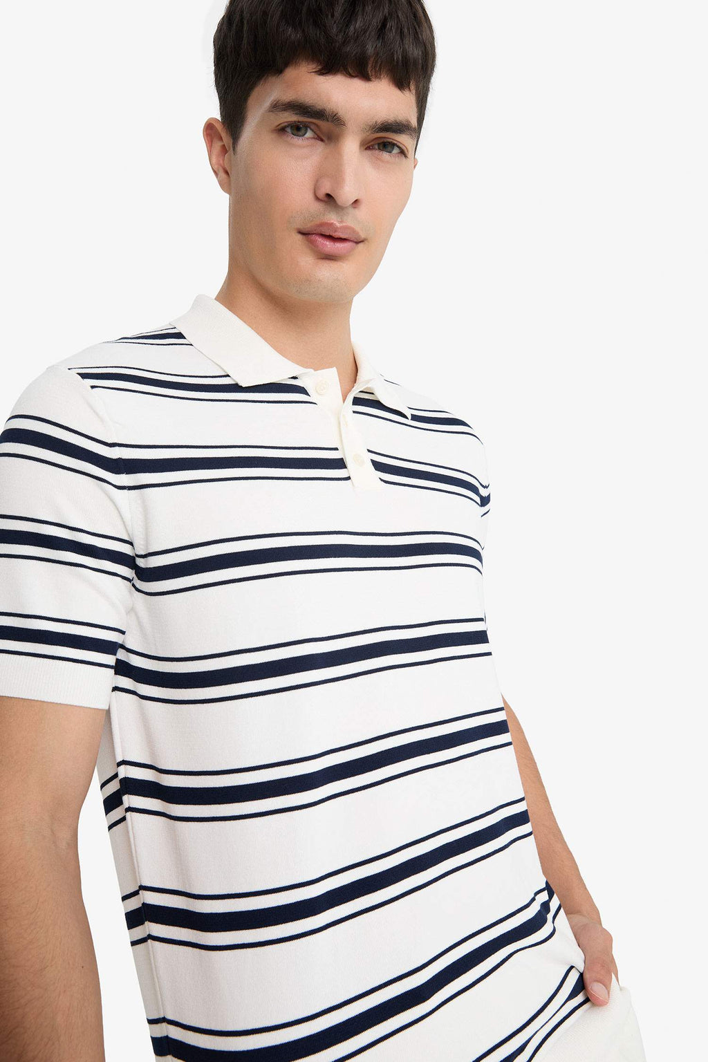 Striped Knit Short Sleeve Polo Shirt