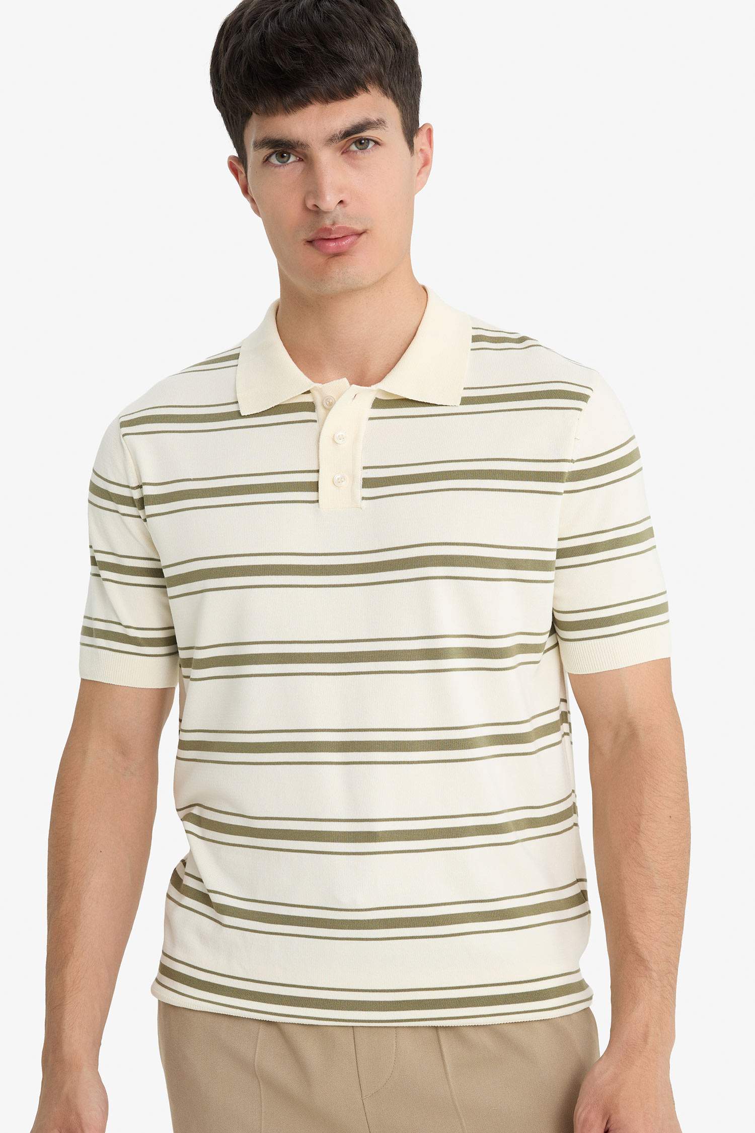 Striped Knit Short Sleeve Polo Shirt