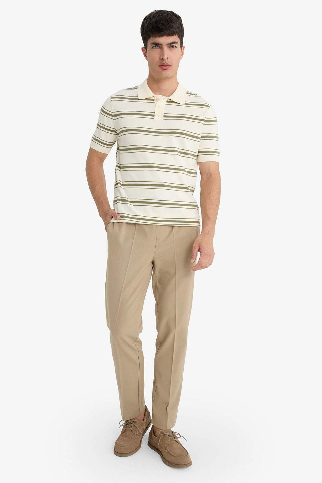 Striped Knit Short Sleeve Polo Shirt