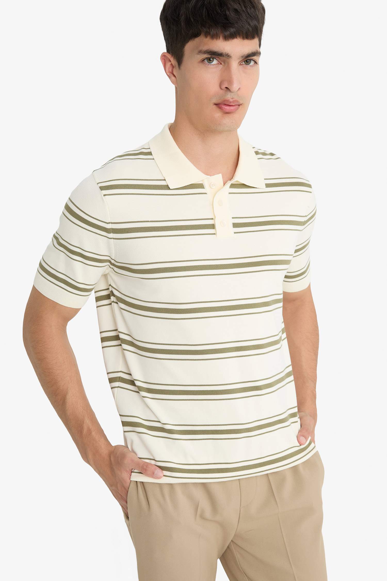 Striped Knit Short Sleeve Polo Shirt