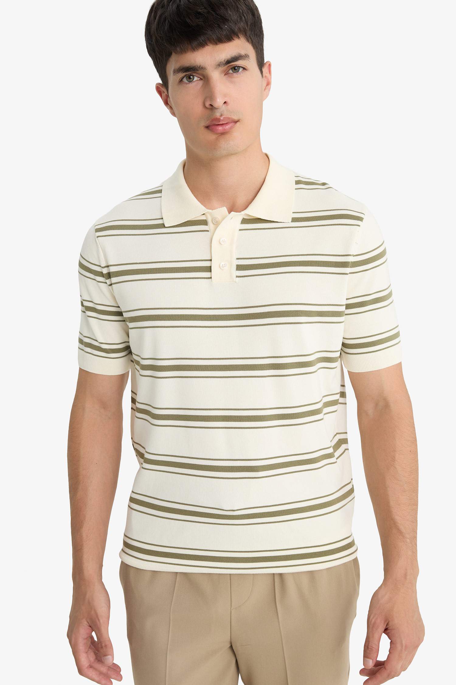 Striped Knit Short Sleeve Polo Shirt
