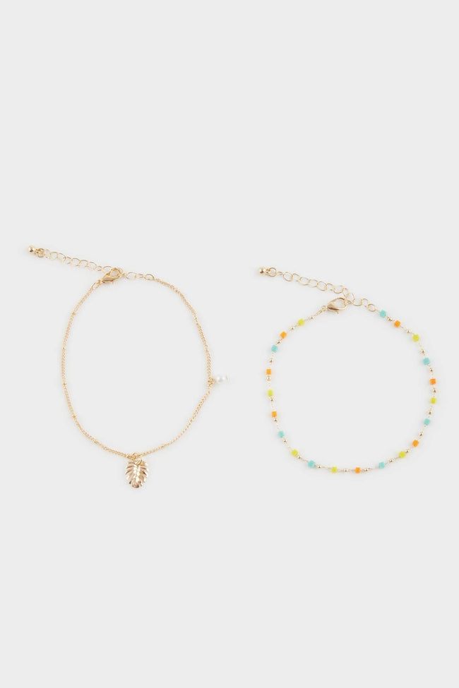 Women 2-Pack Colorful Stone Gold Anklet Hover Image