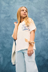 Girls Hello Kitty Oversize Wide Mold V-Neck Back Printed Short Sleeve T-Shirt