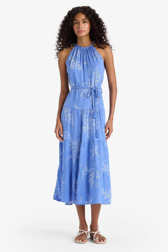 Halter Neck Patterned Lace-Up Crinkle Viscose Sleeveless Midi Dress Hover Image