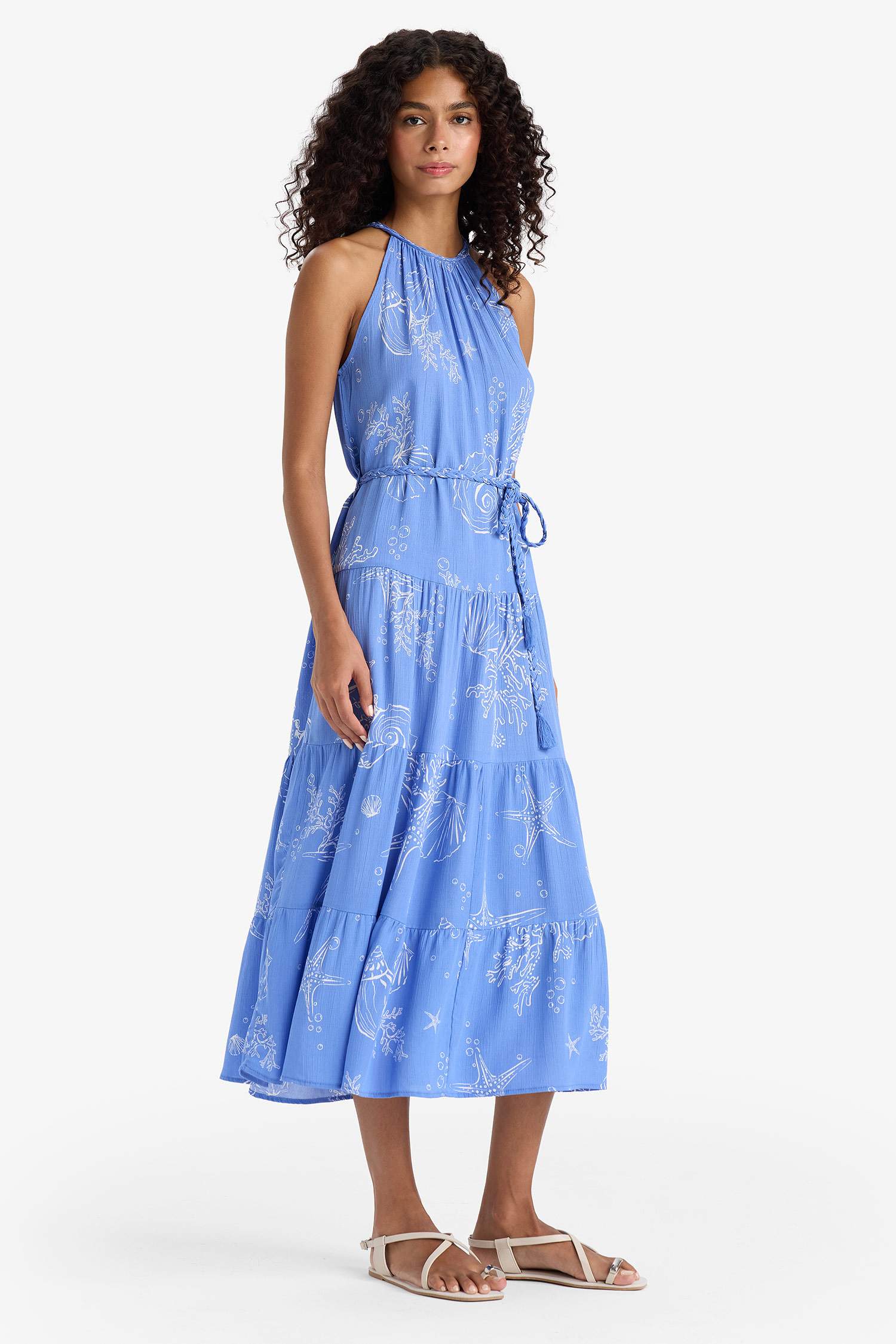 Halter Neck Patterned Lace-Up Crinkle Viscose Sleeveless Midi Dress