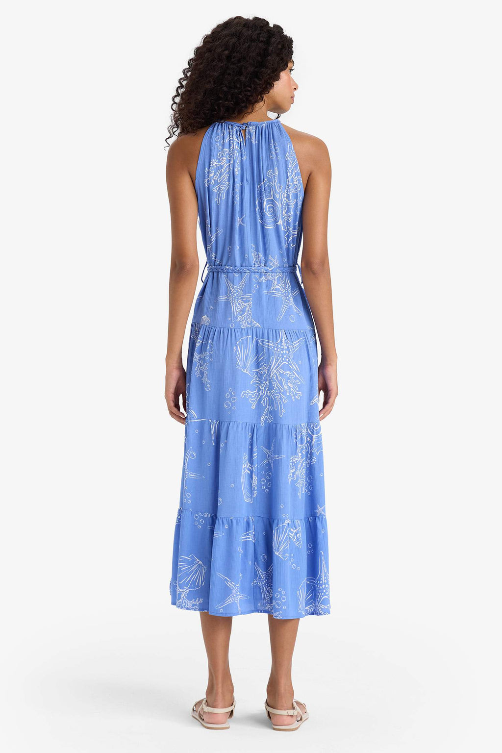 Halter Neck Patterned Lace-Up Crinkle Viscose Sleeveless Midi Dress
