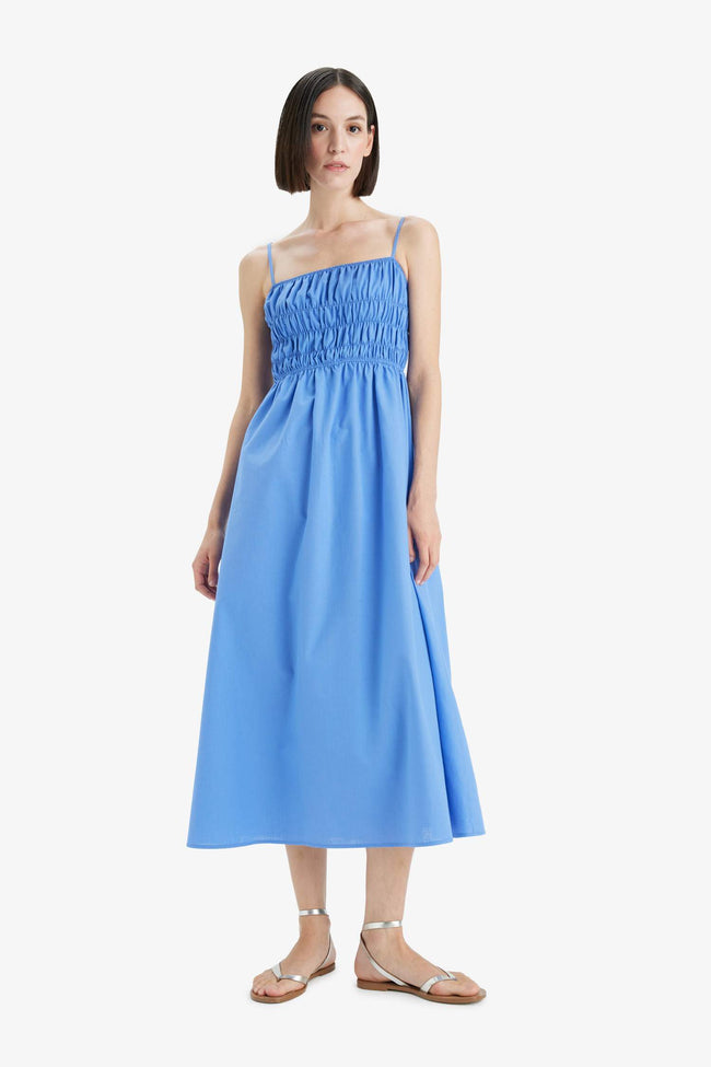 Square Neck Linen Look Gipel Strap Midi Dress Hover Image