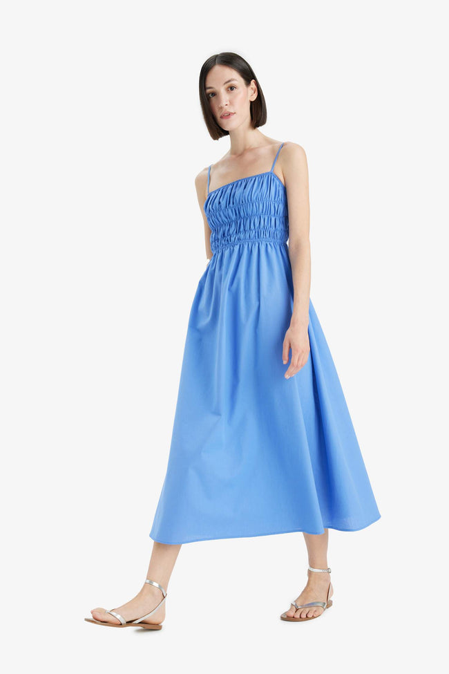 Square Neck Linen Look Gipel Strap Midi Dress Main Image