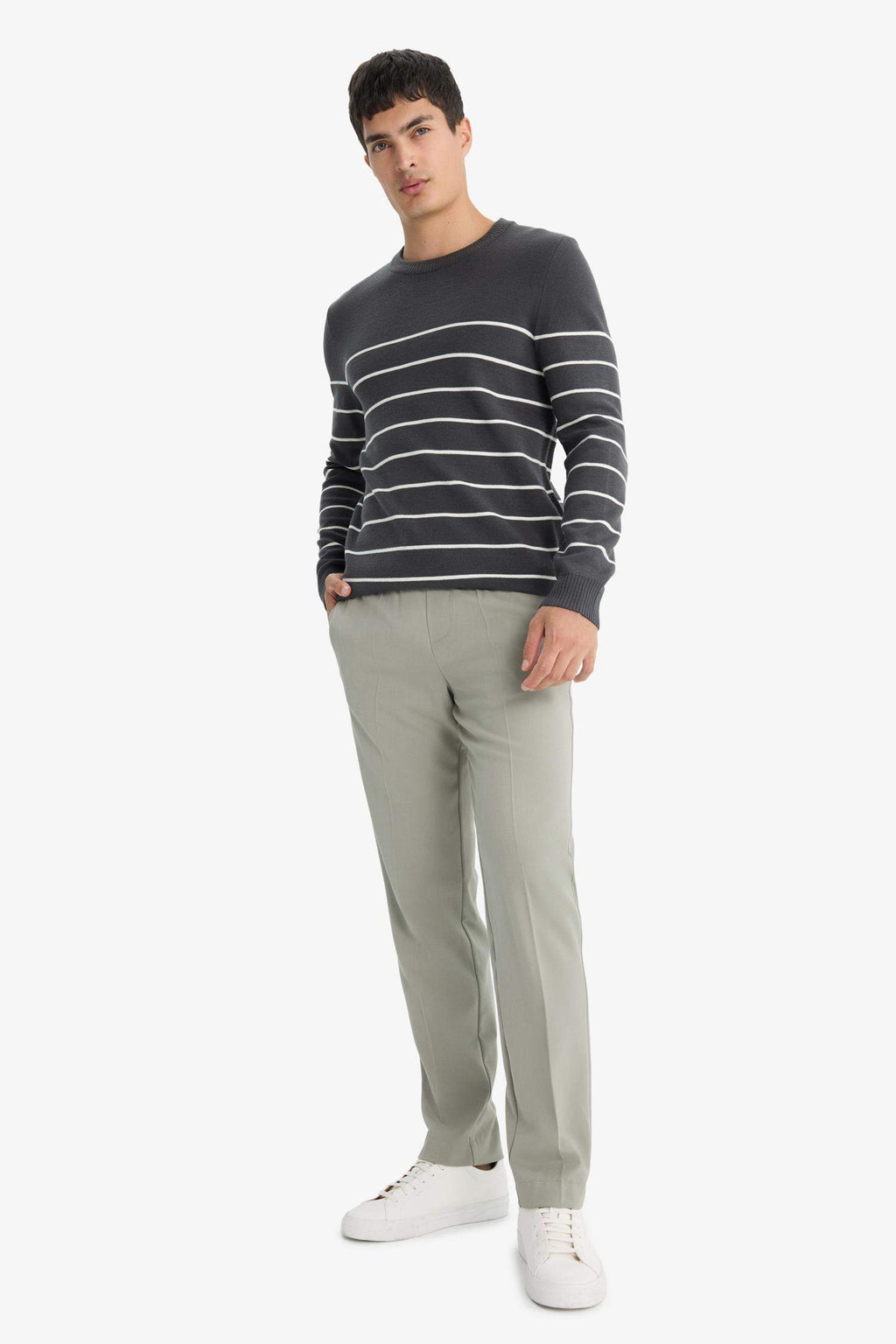Standard Fit Crew Neck Striped Knit Sweater