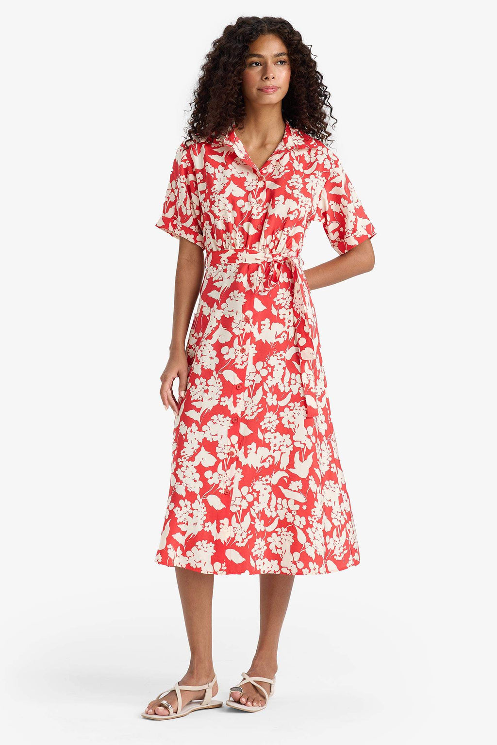 Shirt Collar Floral Pattern Belted Modal Short Sleeve Midi Dress