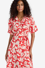 Shirt Collar Floral Pattern Belted Modal Short Sleeve Midi Dress
