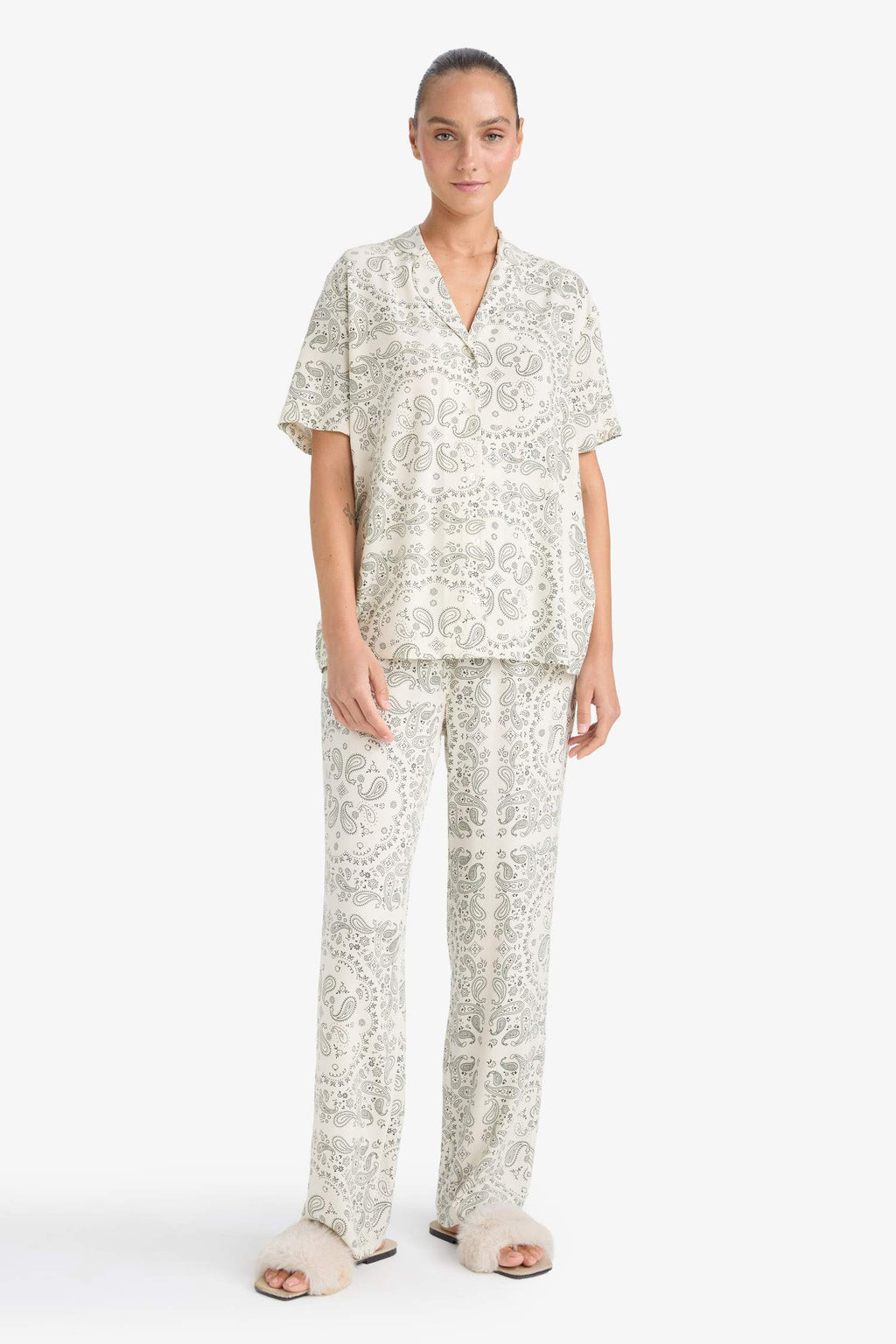 Pajama Set Regular Fit Viscose Patterned Short Sleeve Top Long Bottom