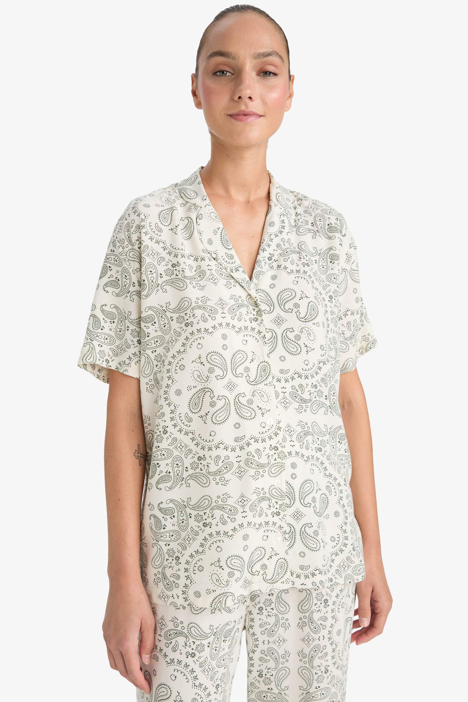 Pajama Set Regular Fit Viscose Patterned Short Sleeve Top Long Bottom